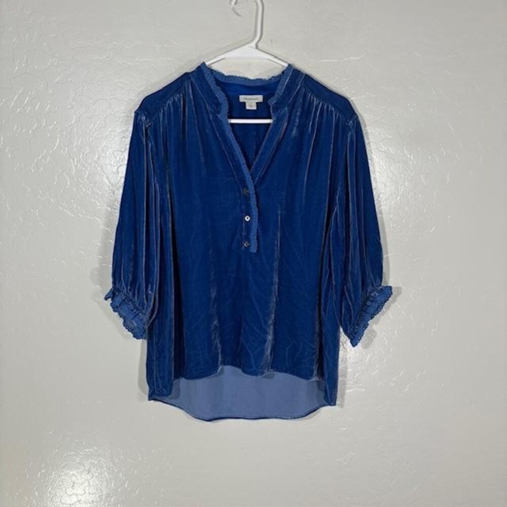 Sundance Tunic Blouse Womens Small Blue Velvet Henley 3/4 Sleeve Ruffle Top